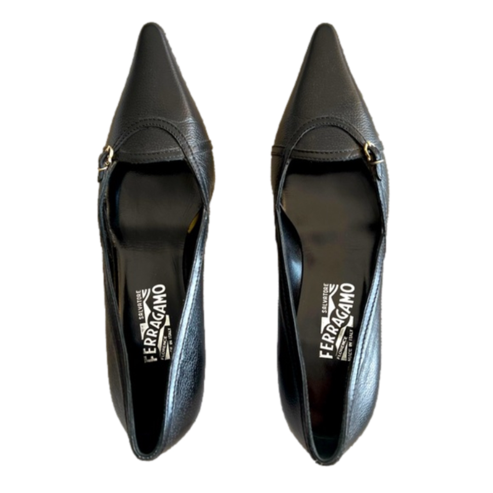 NEW Ferragamo Leather Kitten Heel Pump, Black, Size 9 2A (Narrow)